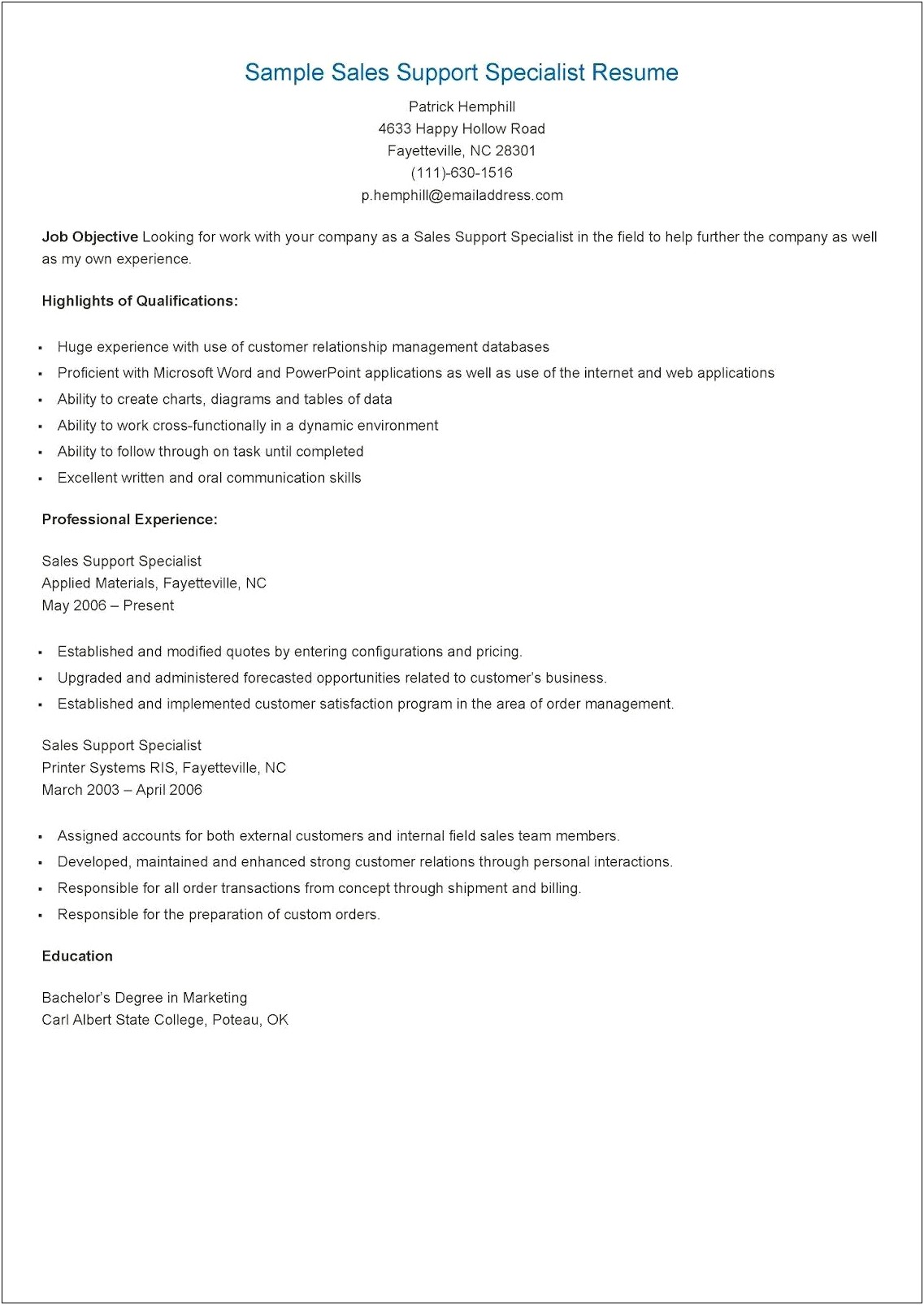 Sample Resume For Sales And Service Specialist