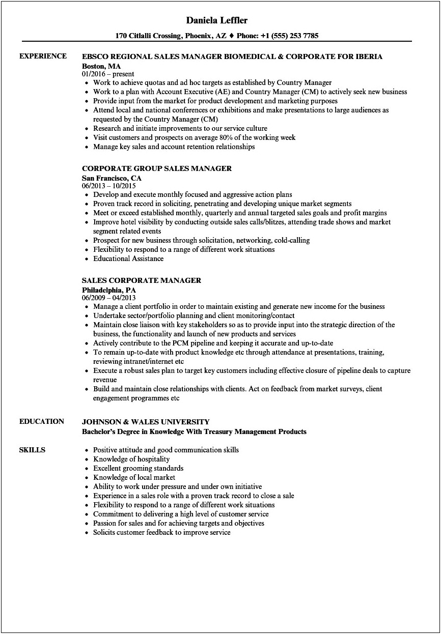 Sample Resume For Sales Manager In Hotel