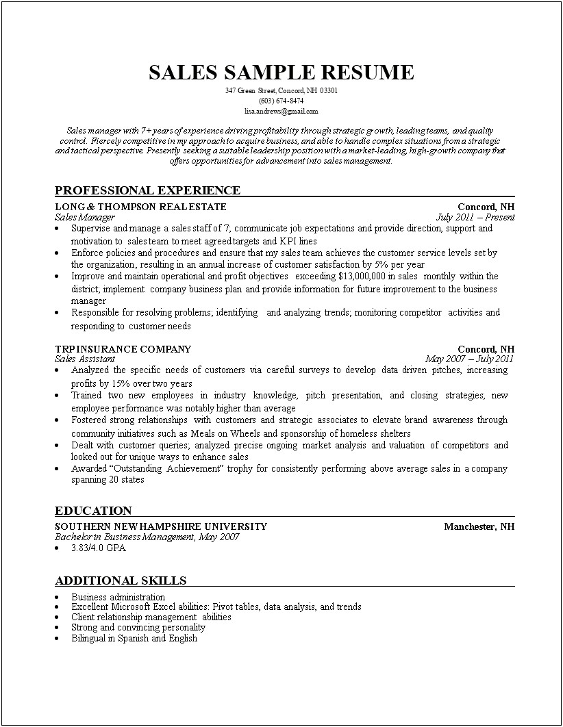 Sample Resume For Sales Manager In Insurance