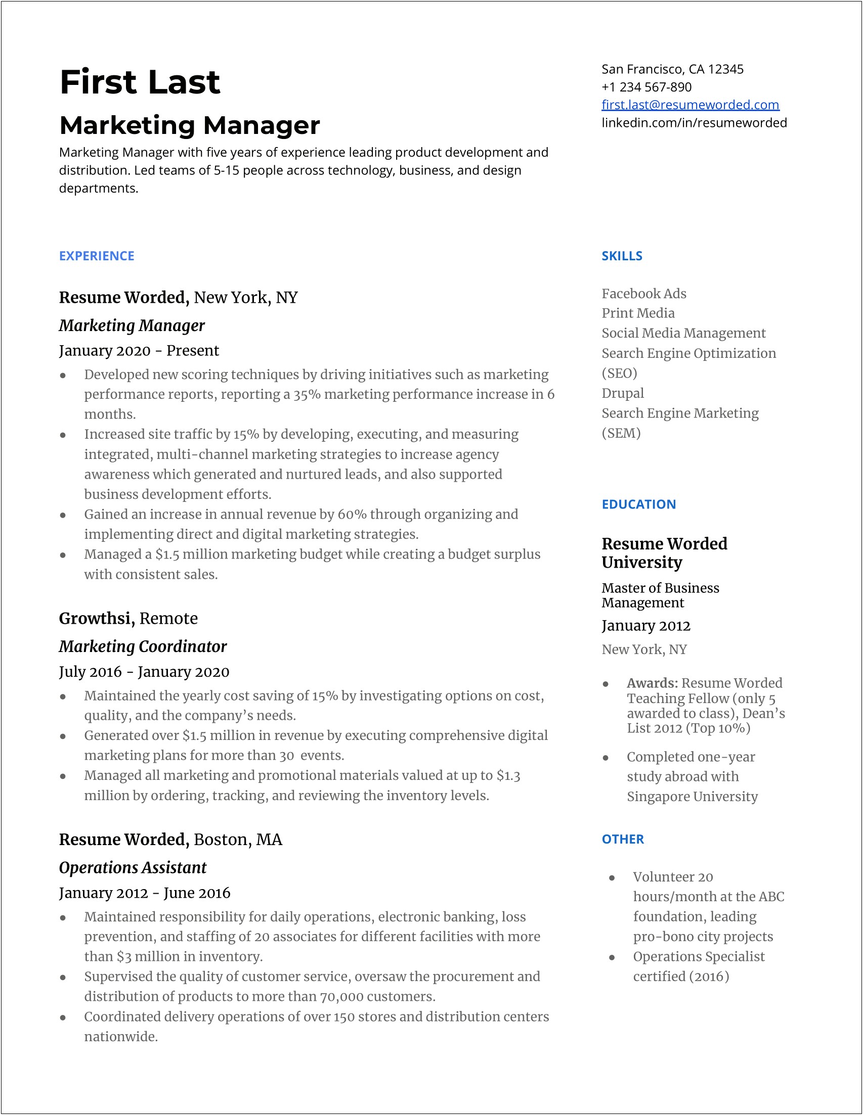 Sample Resume For Sales Manager Position