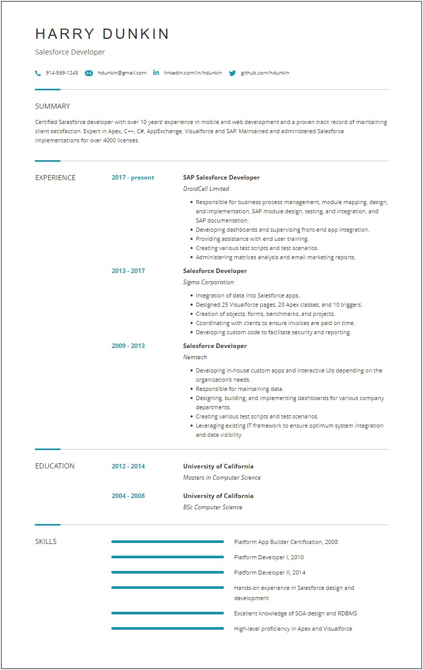 Sample Resume For Salesforce Developer Freshers