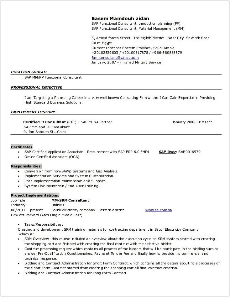 Sample Resume For Sap Mm Functional Consultant