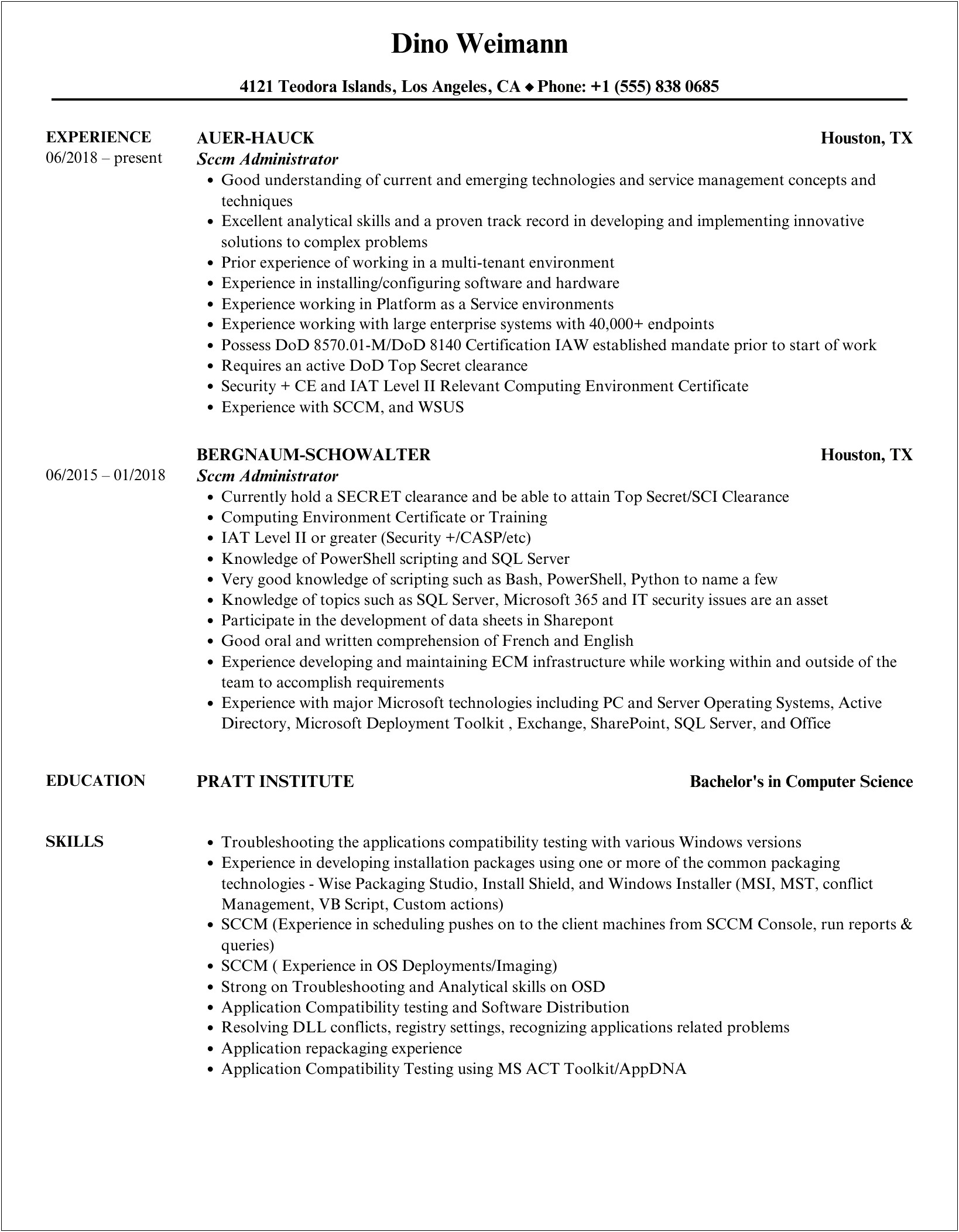 Sample Resume For Sccm Patching Update