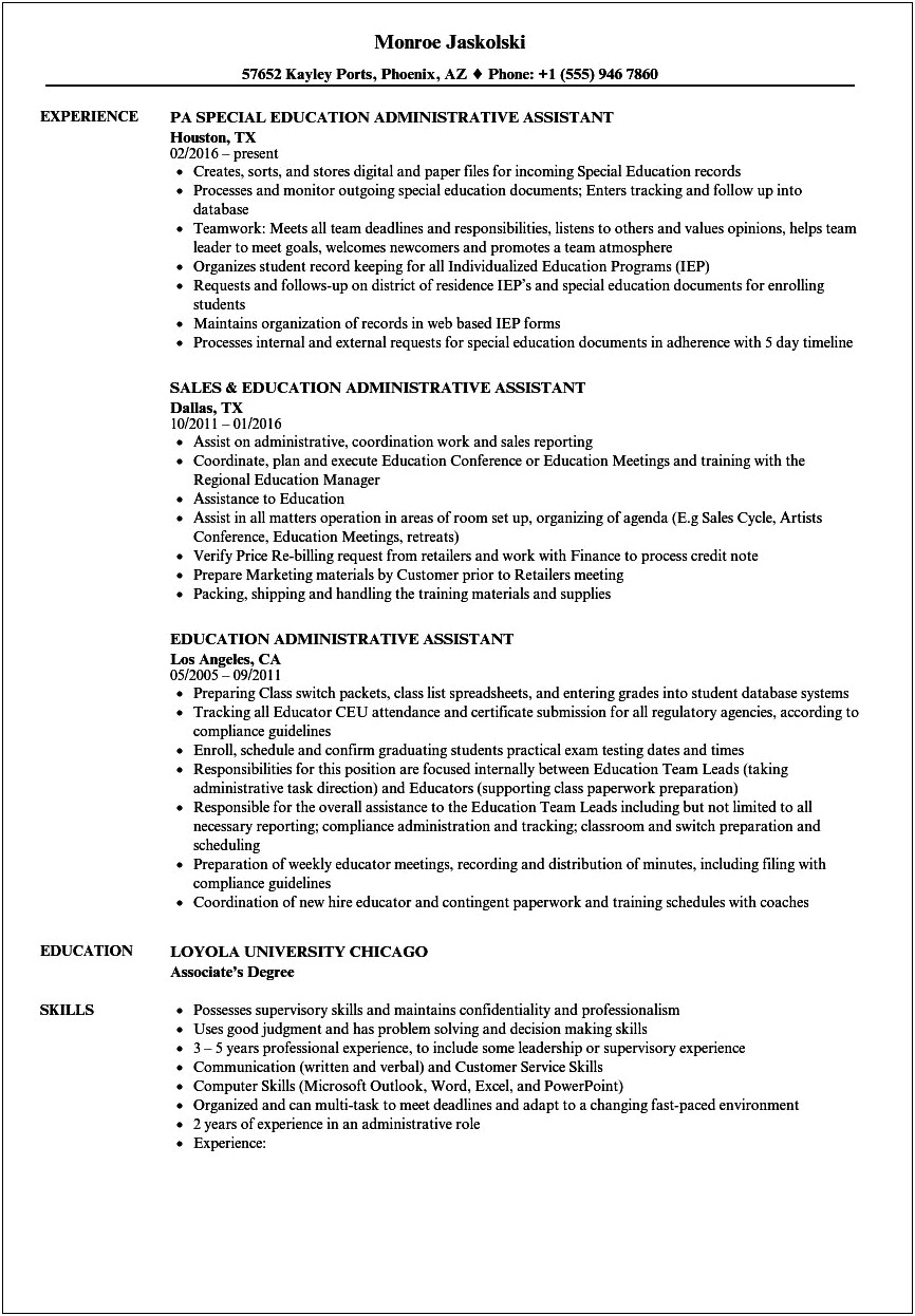 Sample Resume For School Administrative Officer