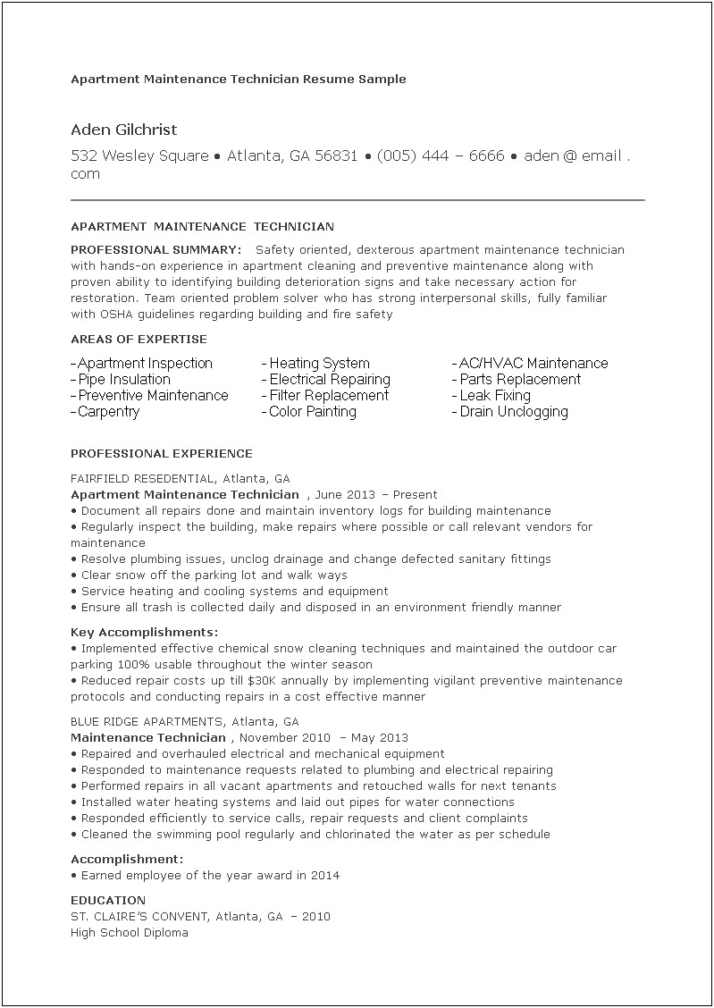 Sample Resume For School Maintenance Worker