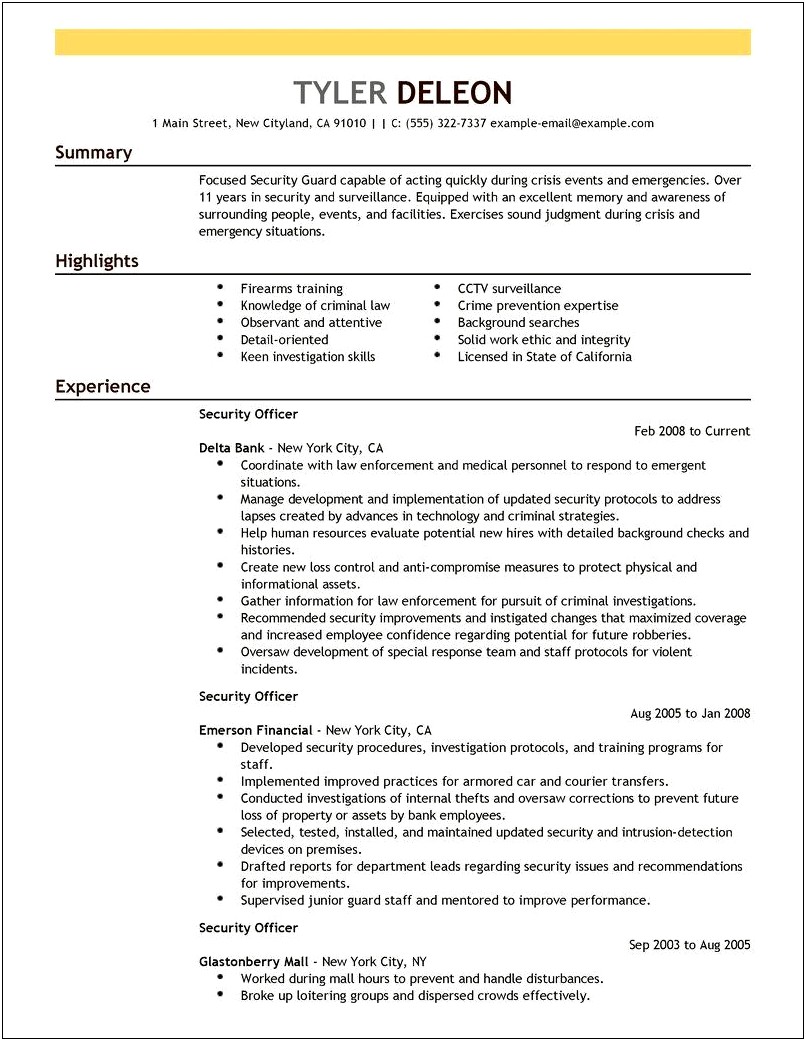 Sample Resume For School Security Guard