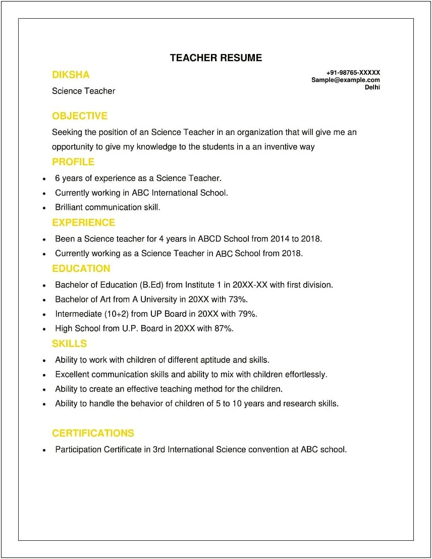 Sample Resume For School Teacher India