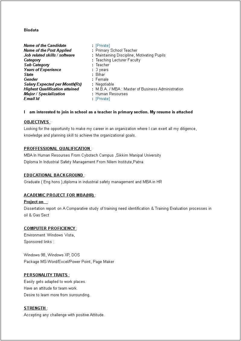 Sample Resume For School Teacher Job
