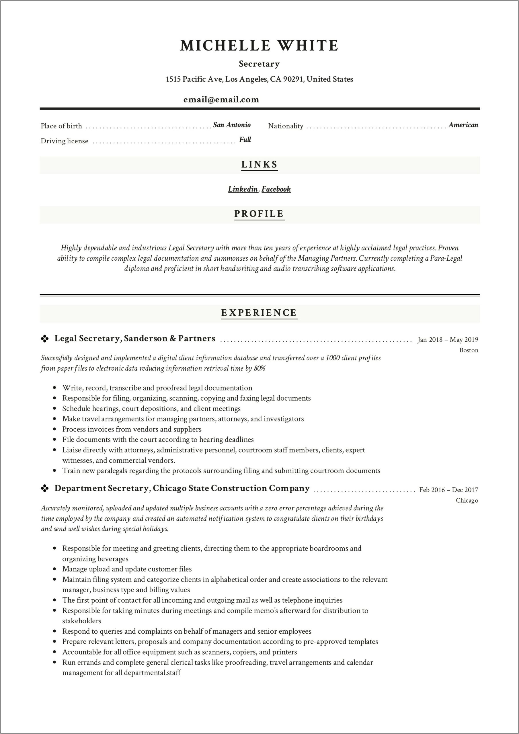Sample Resume For Secretary In Law Firm