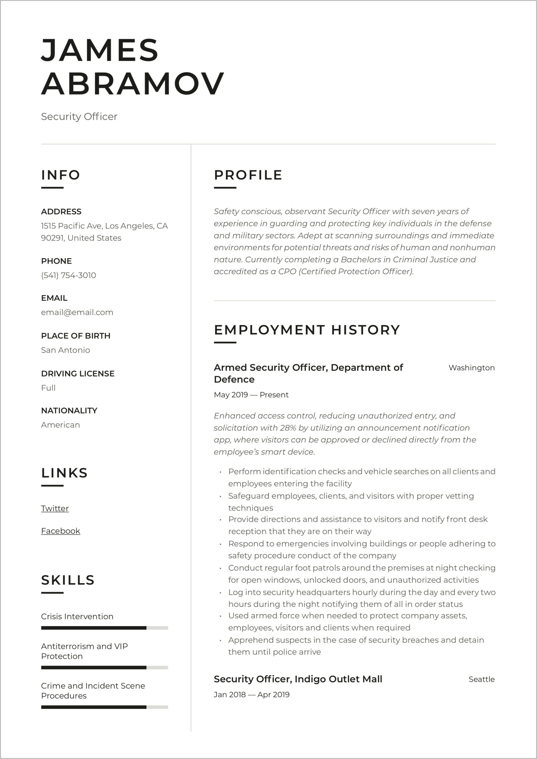 Sample Resume For Security Officer In India
