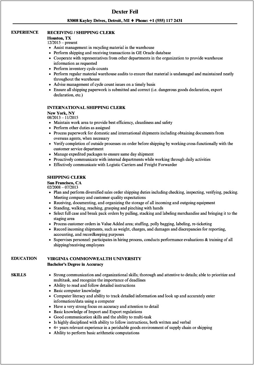 Sample Resume For Shipping And Receiving Coordinator