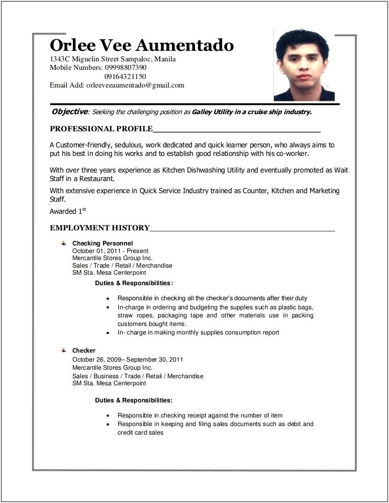 Sample Resume For Sm Department Store