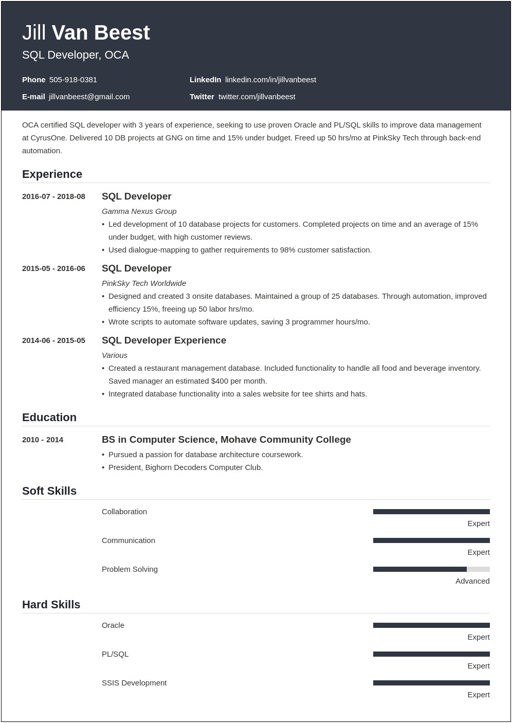 Sample Resume For Sql Developer Experienced