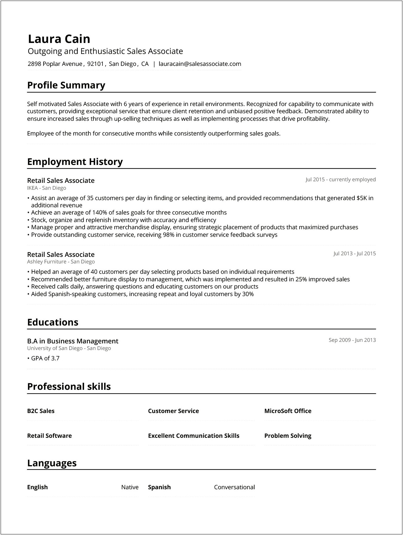 Sample Resume For Store Sales Associate