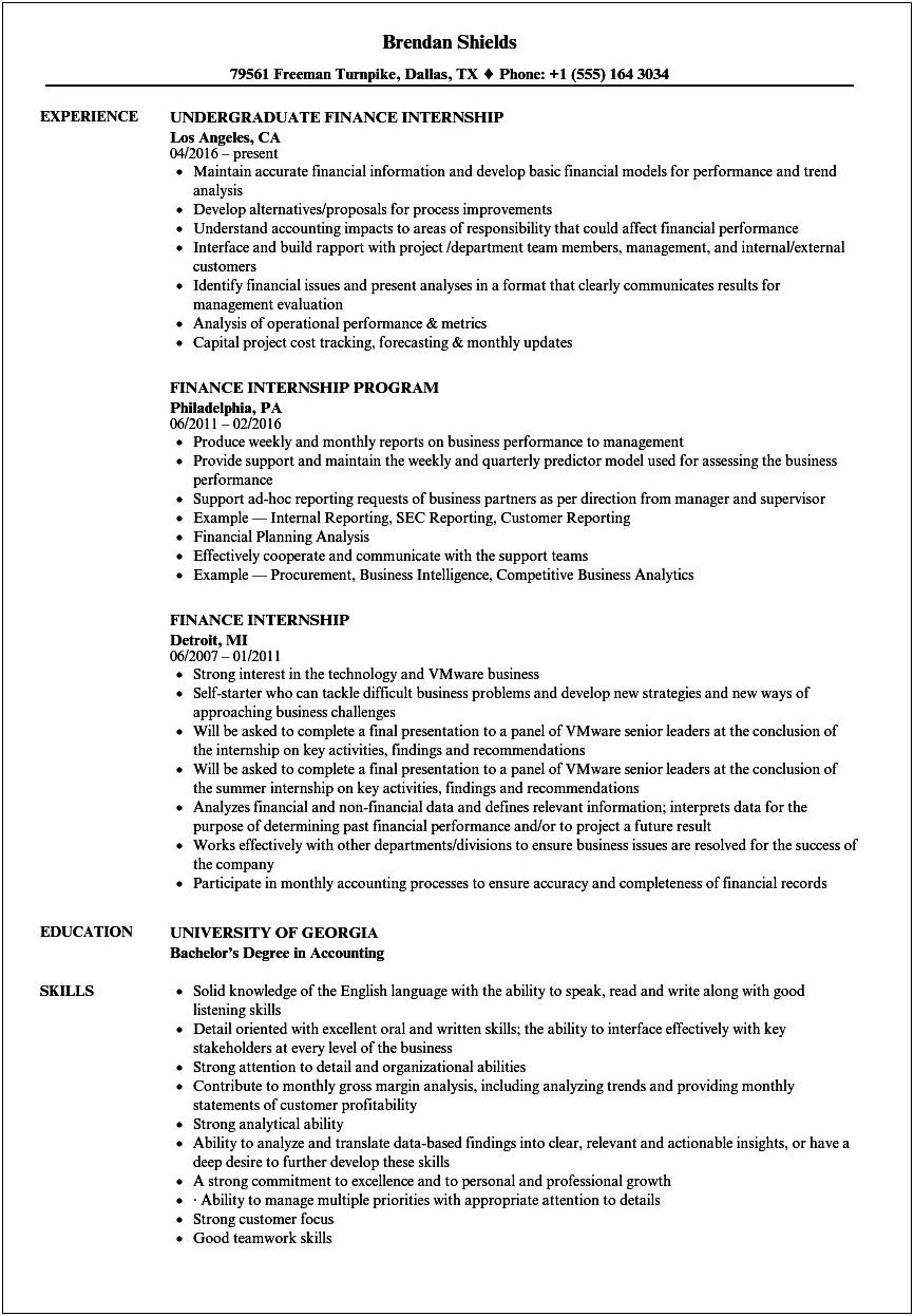 Sample Resume For Summer Internship In Finance
