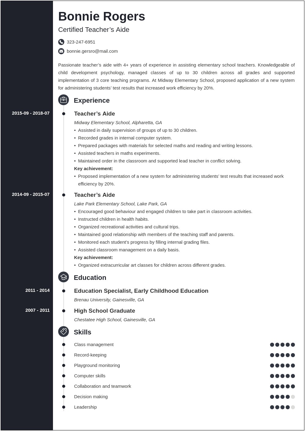 Sample Resume For Teacher Aide Position