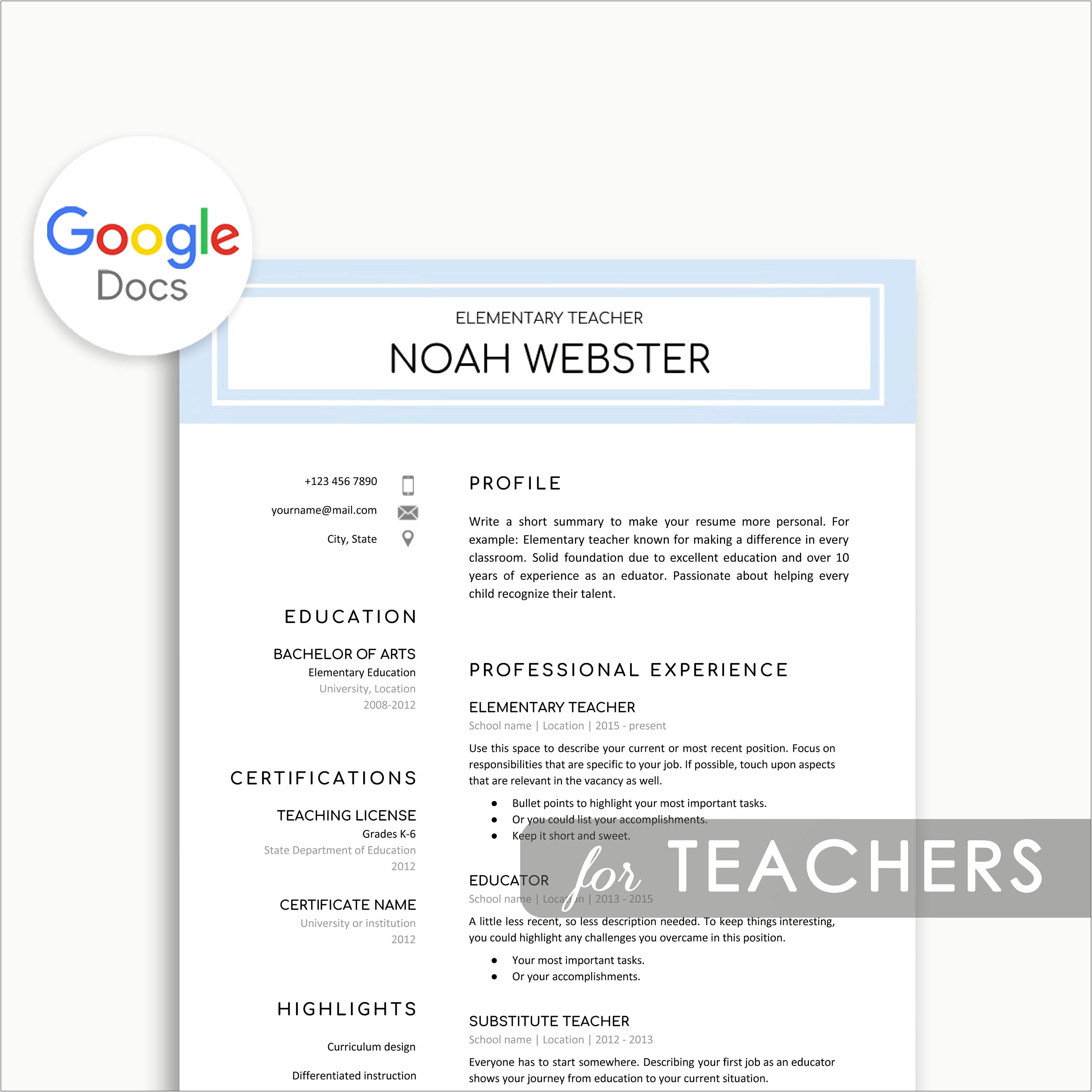 Sample Resume For Teachers India Doc