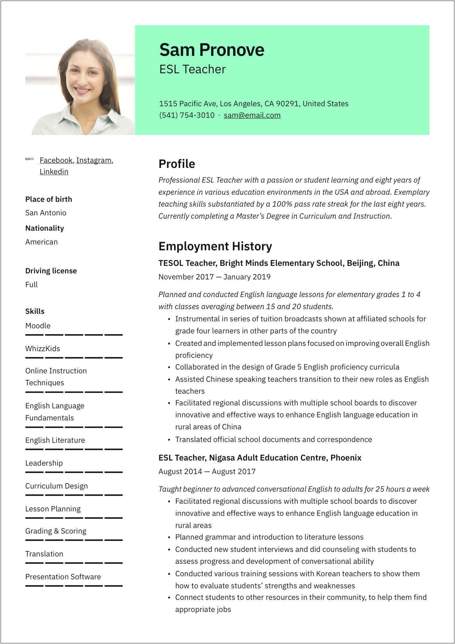 Sample Resume For Teaching English Online