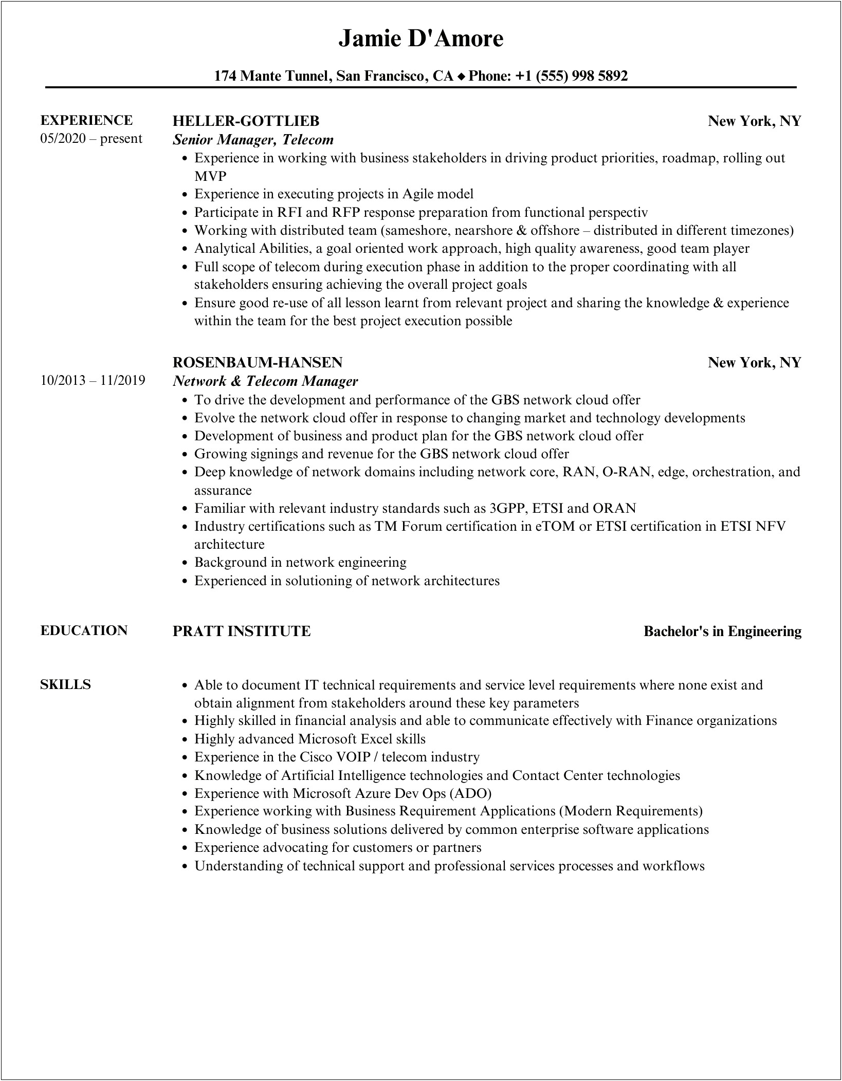 Sample Resume For Telecom Operations Manager