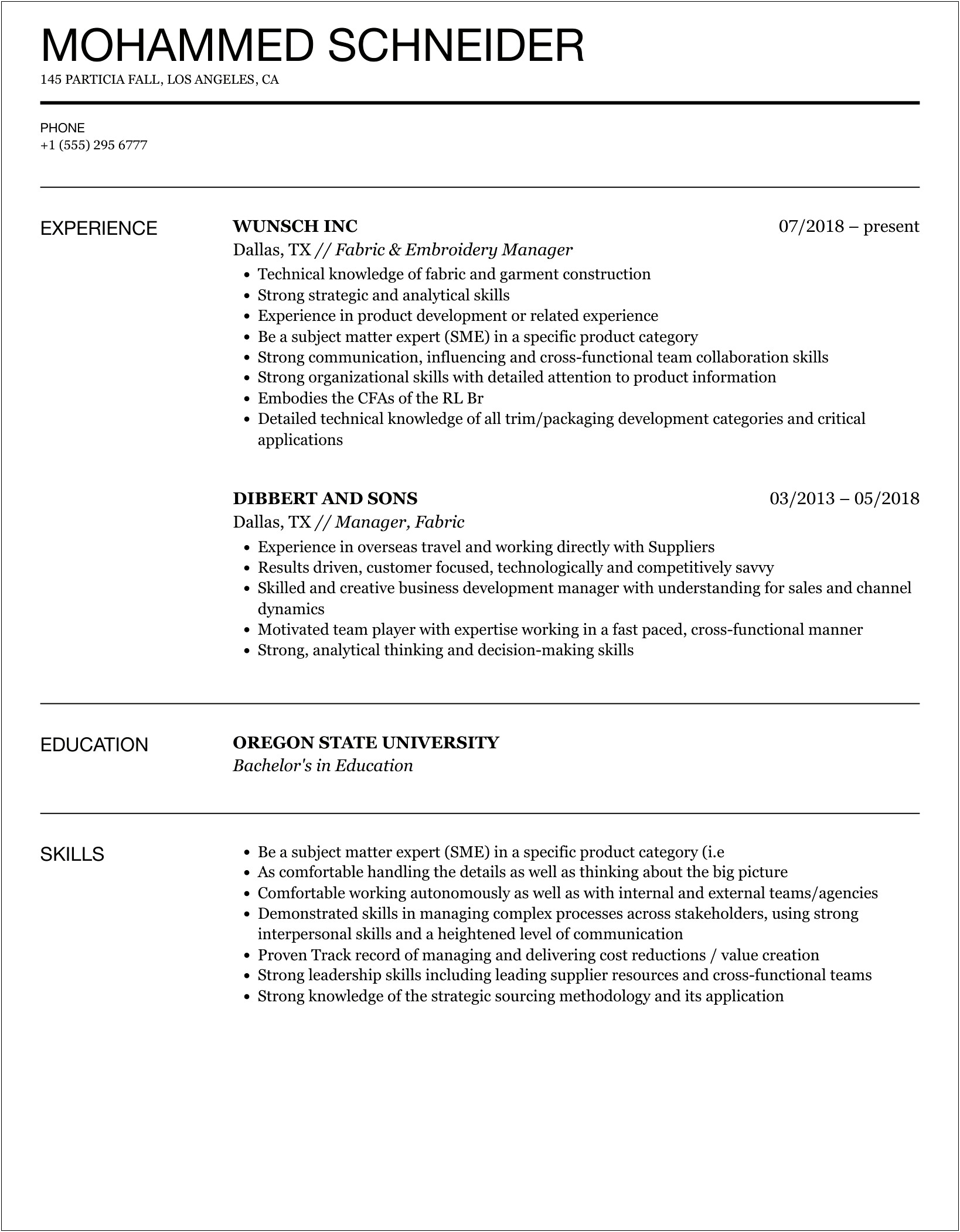 Sample Resume For Textile Industry Marketing Role
