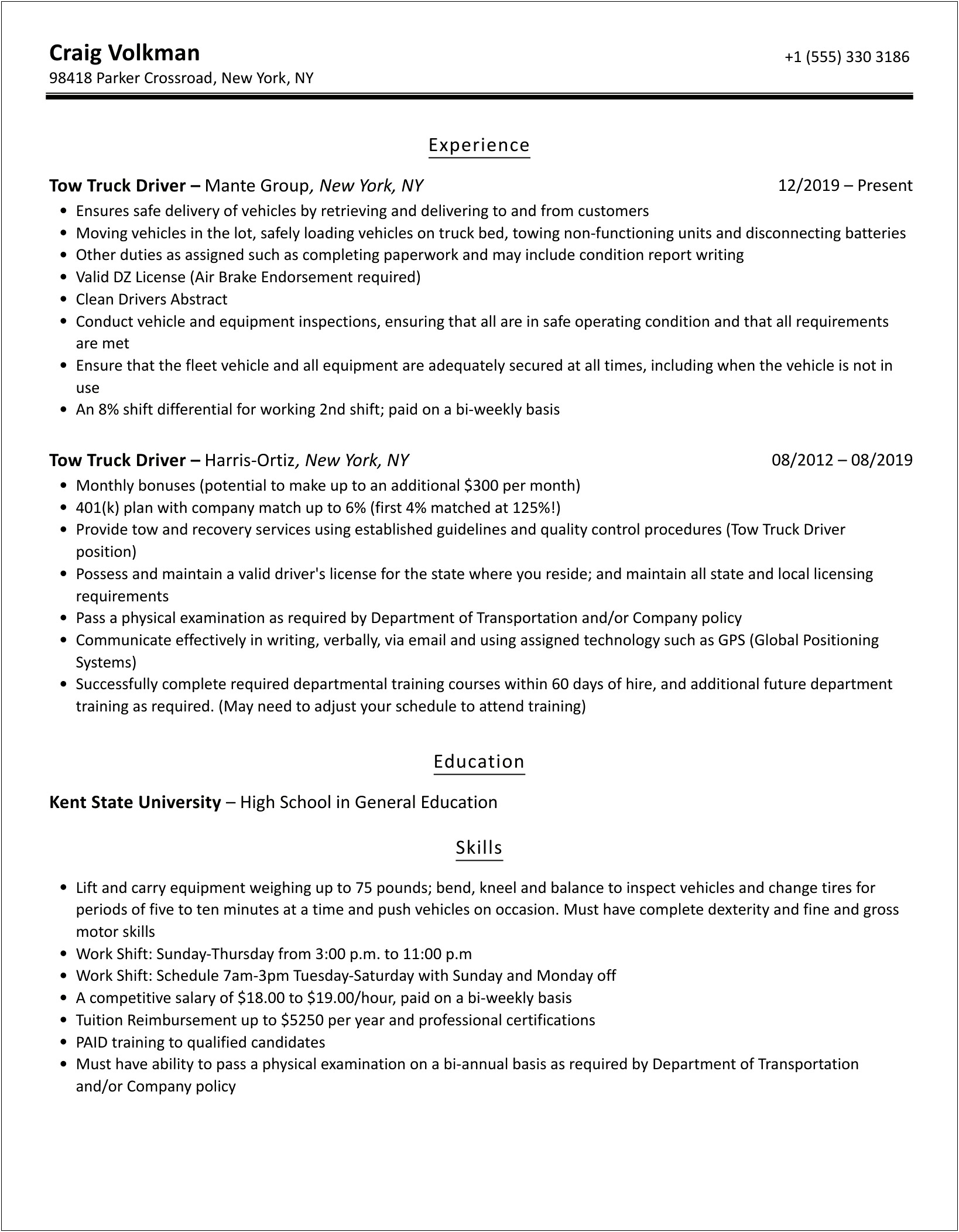 Sample Resume For Tow Truck Driver