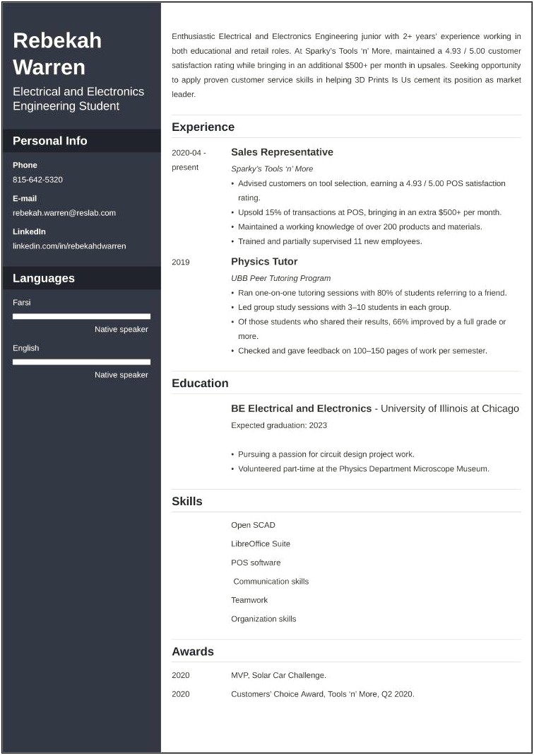 Sample Resume For Undergraduate Engineering Students