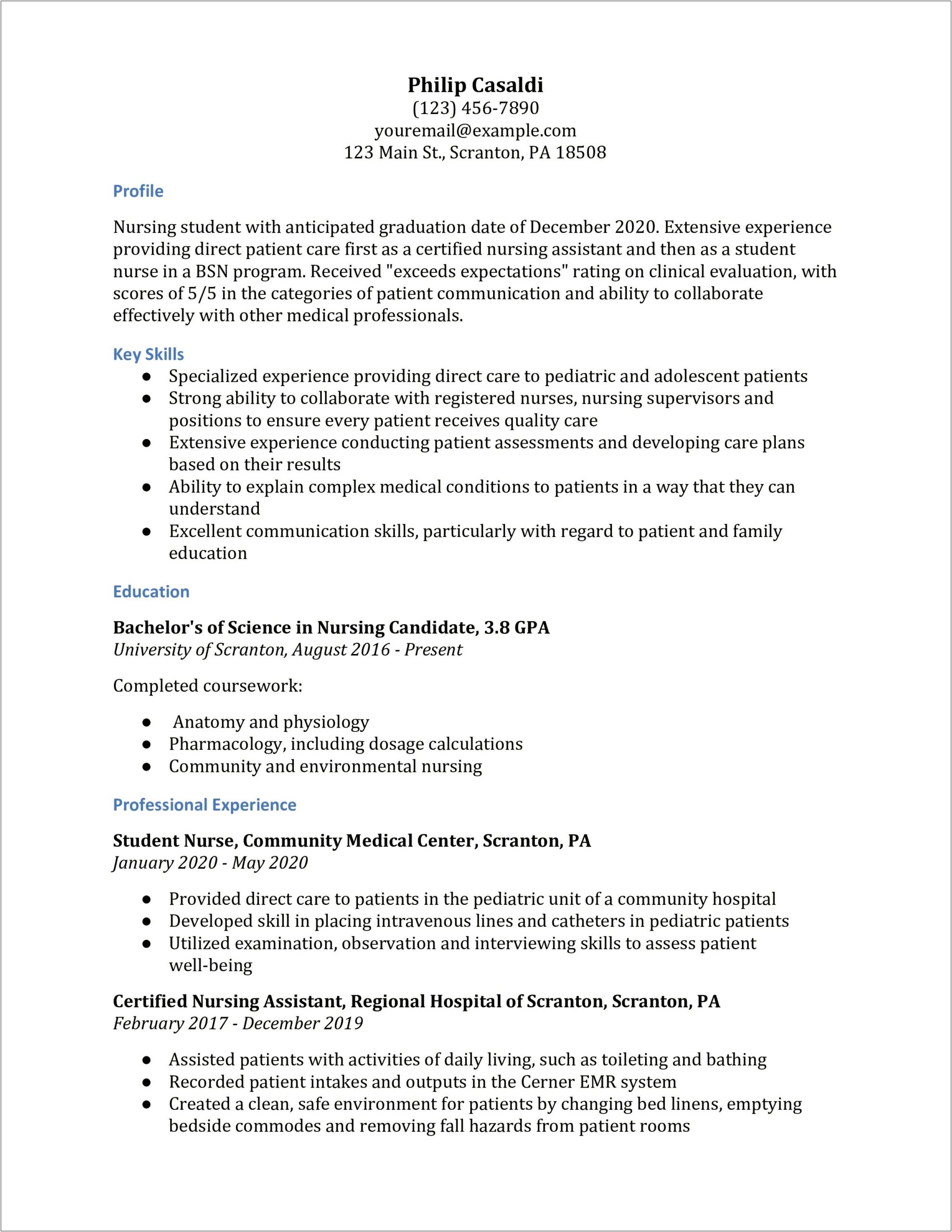 Sample Resume For Undergraduate Nursing Student