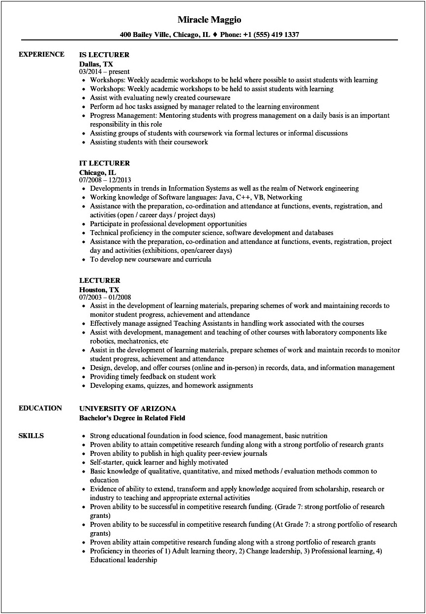Sample Resume For University Teaching Positions