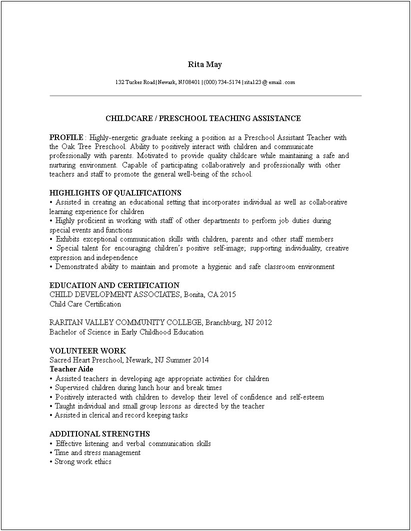 Sample Resume For Volunteer Work For Childcare