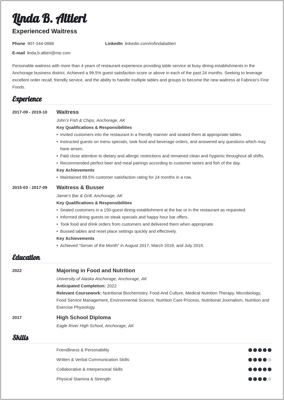 Sample Resume For Waitress Job With No Experience