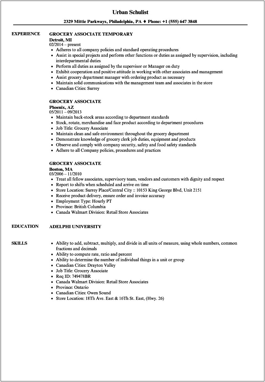 Sample Resume For Walmart Sales Associate