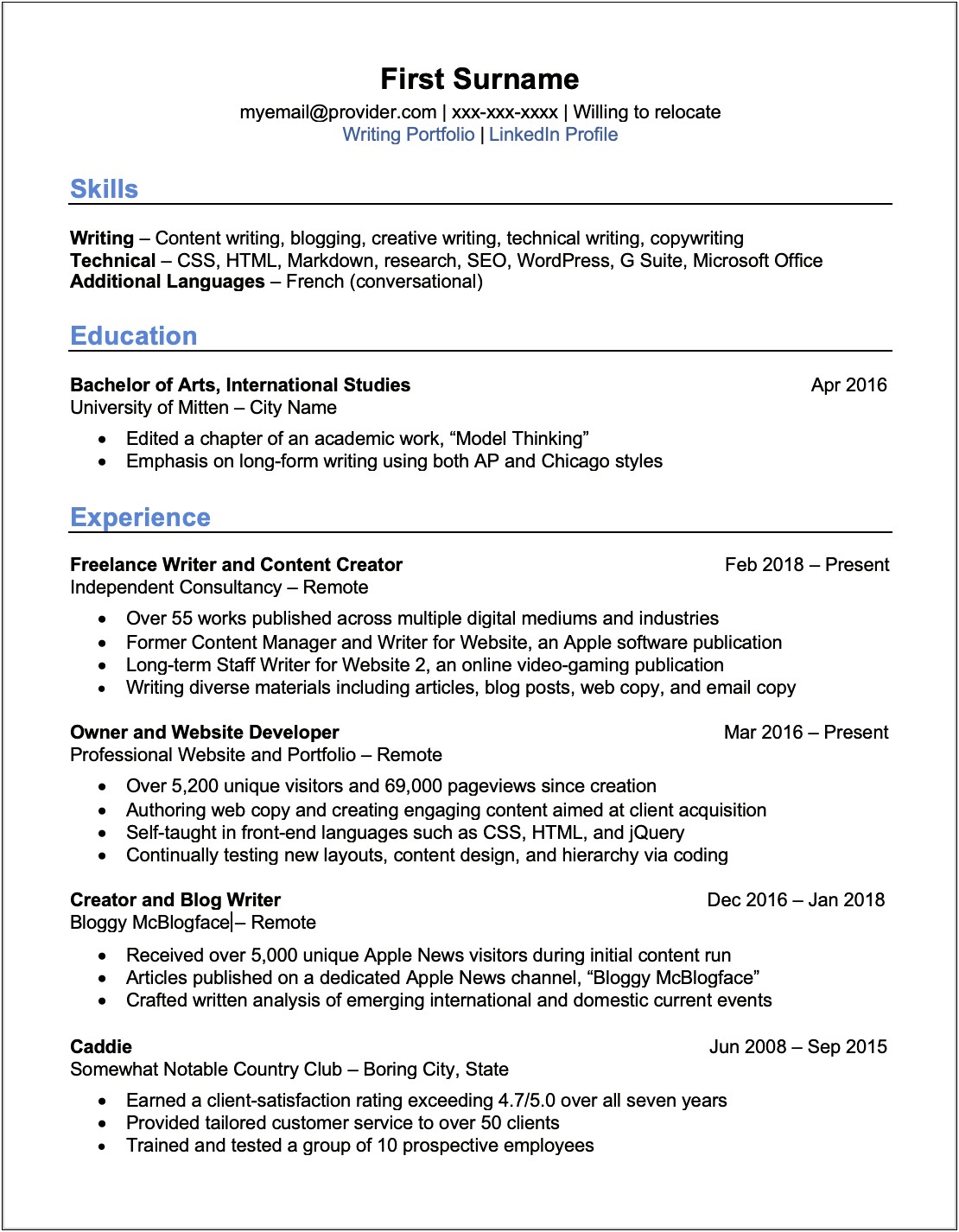 Sample Resume For Web Content Writer