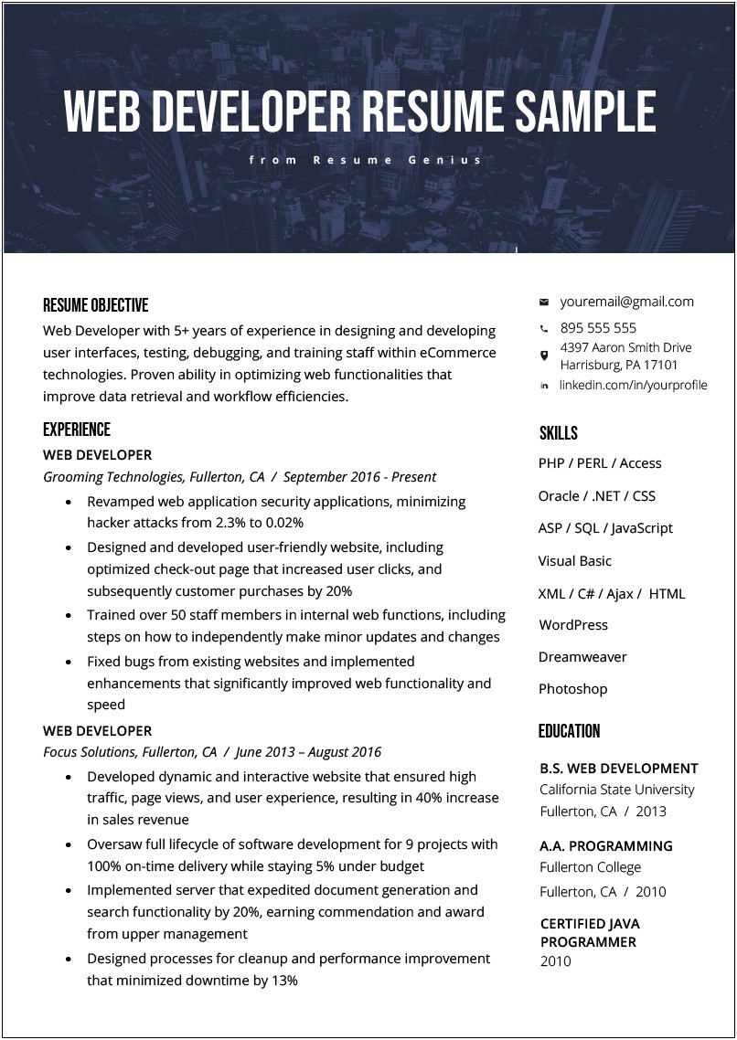 Sample Resume For Web Developer Without Experience