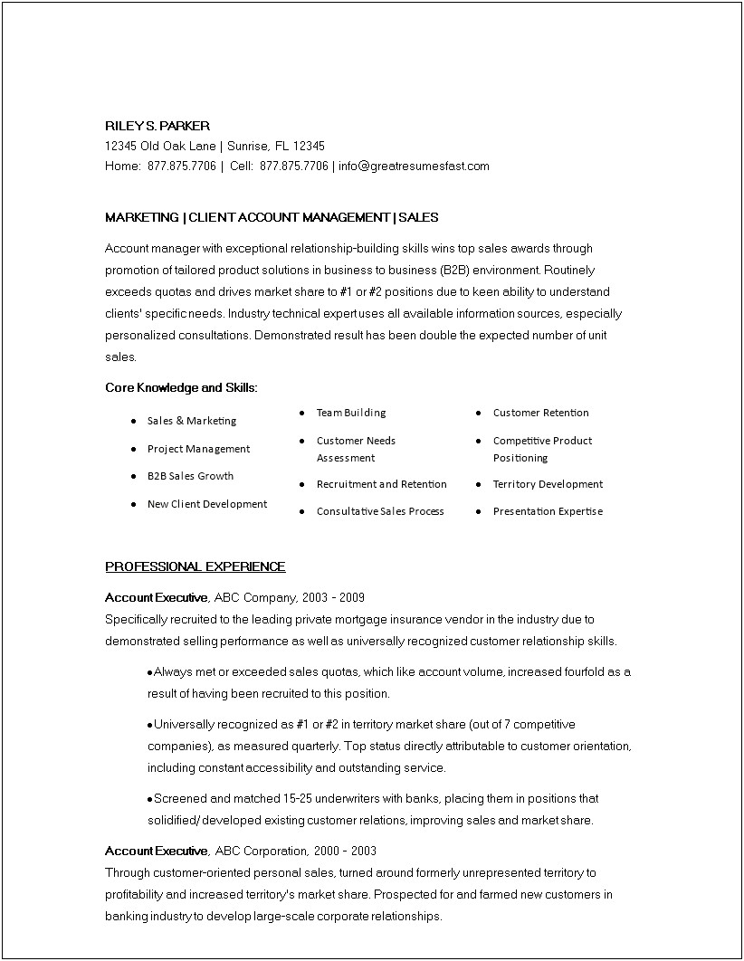 Sample Resume Format For Accounts Executive