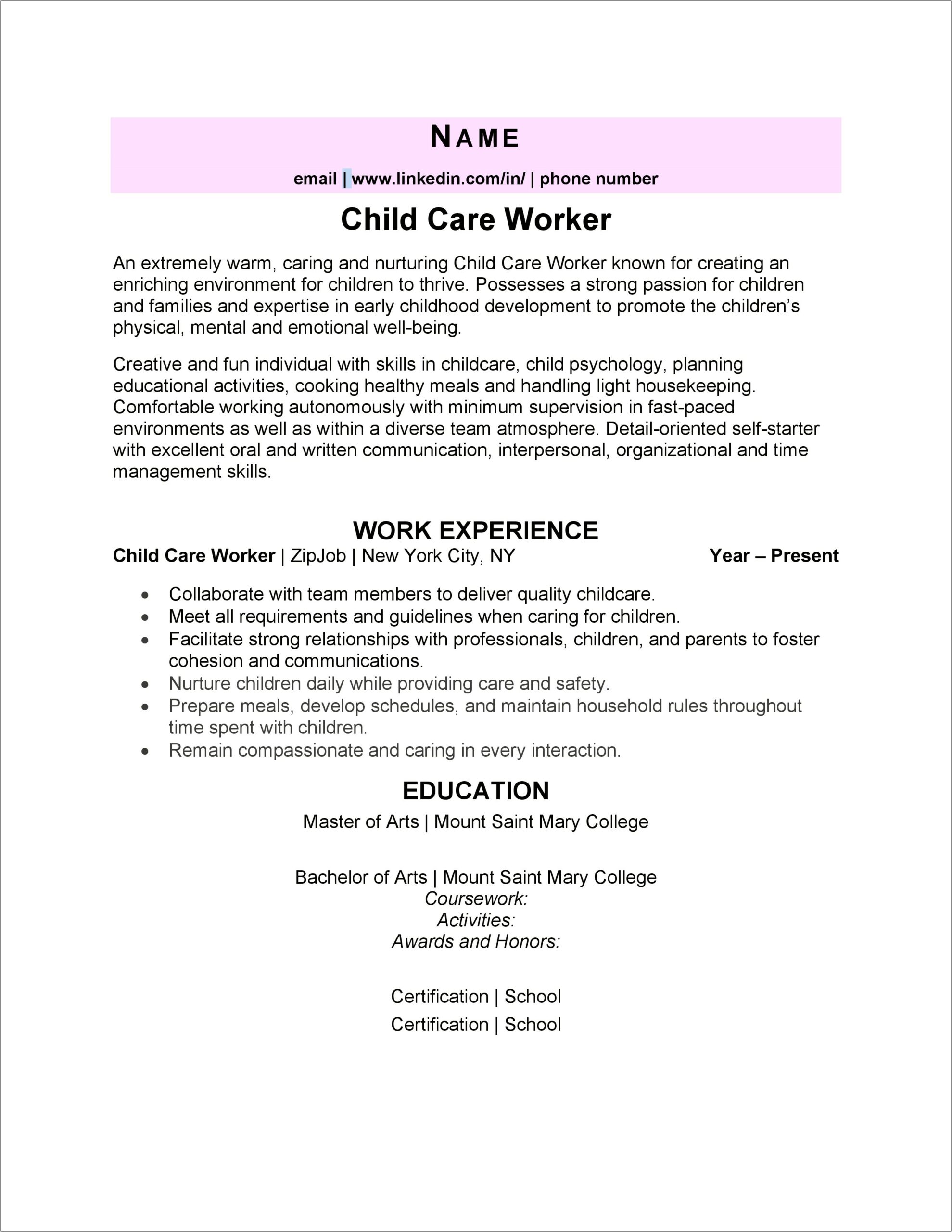 Sample Resume Format For Child Care