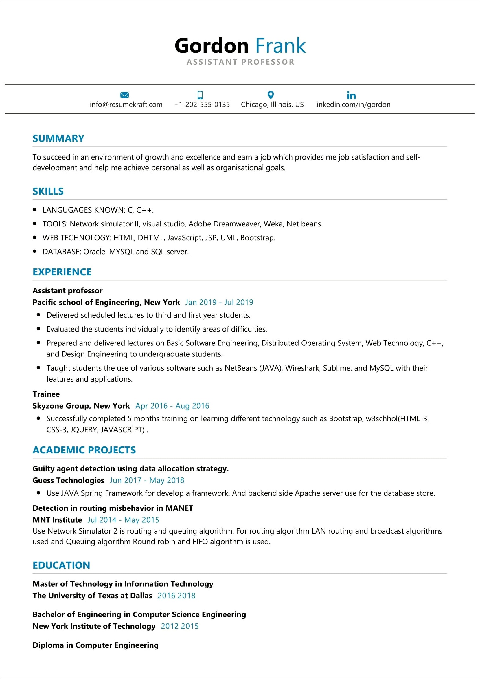 Sample Resume Format For Computer Science Teacher