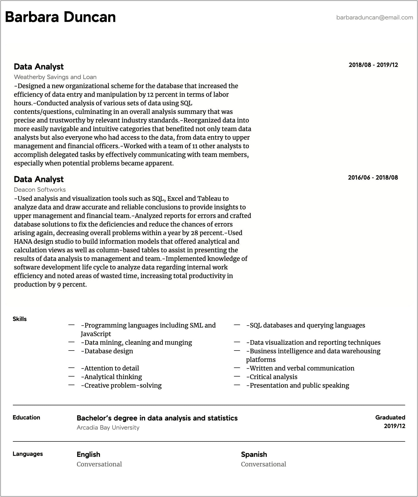 Sample Resume Format For Data Analyst