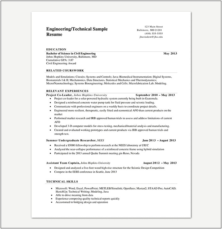 Sample Resume Format For Engineering Students