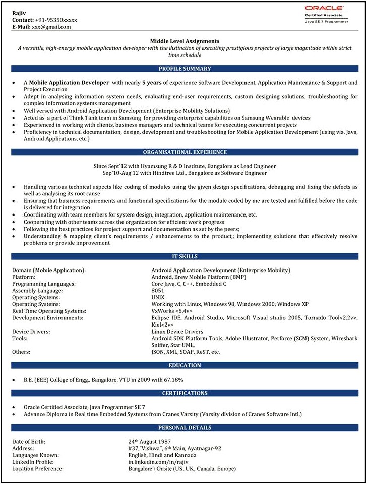 Sample Resume Format For Experienced Android Developer