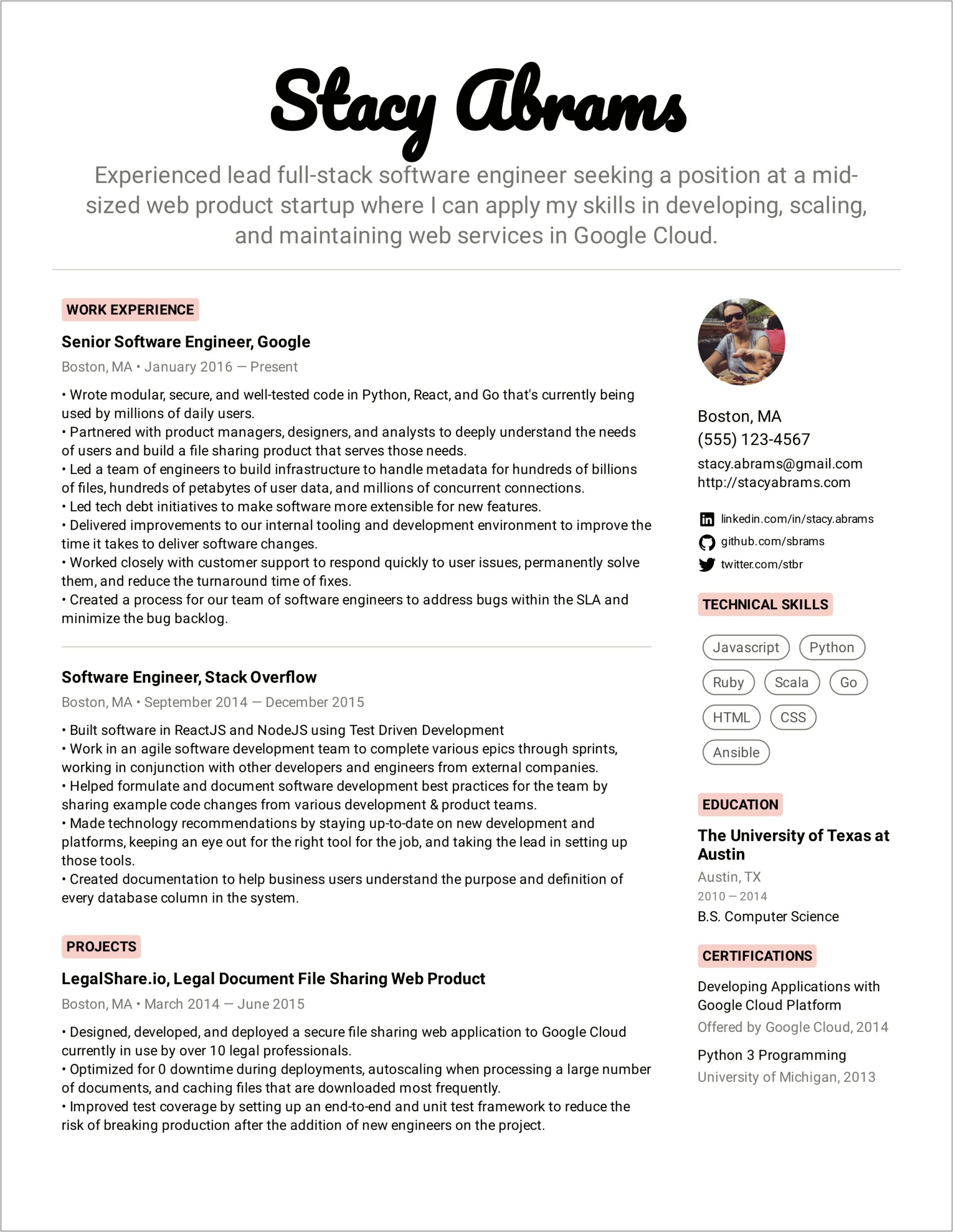 Sample Resume Format For Experienced Engineer