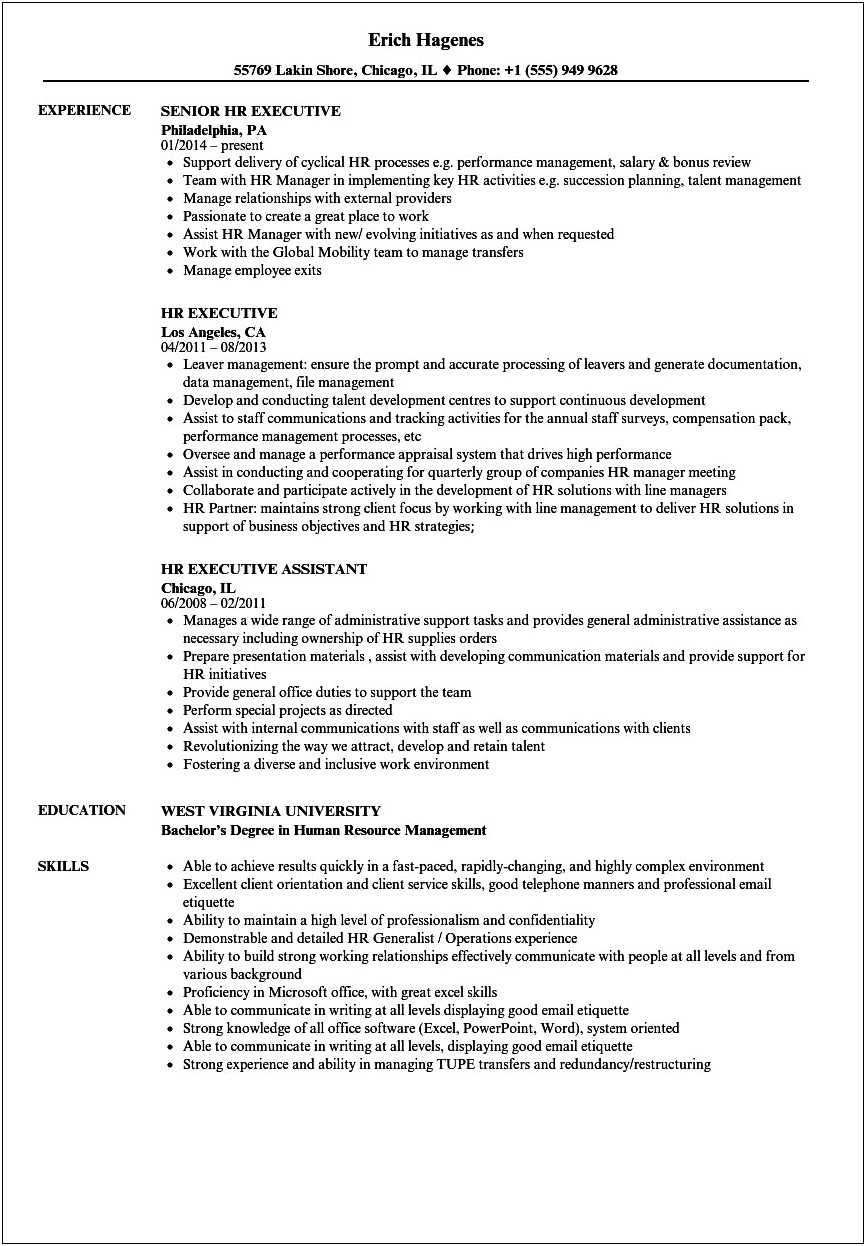 Sample Resume Format For Experienced Hr Executive