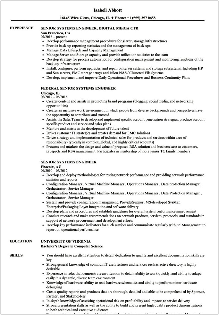 Sample Resume Format For Experienced System Engineer