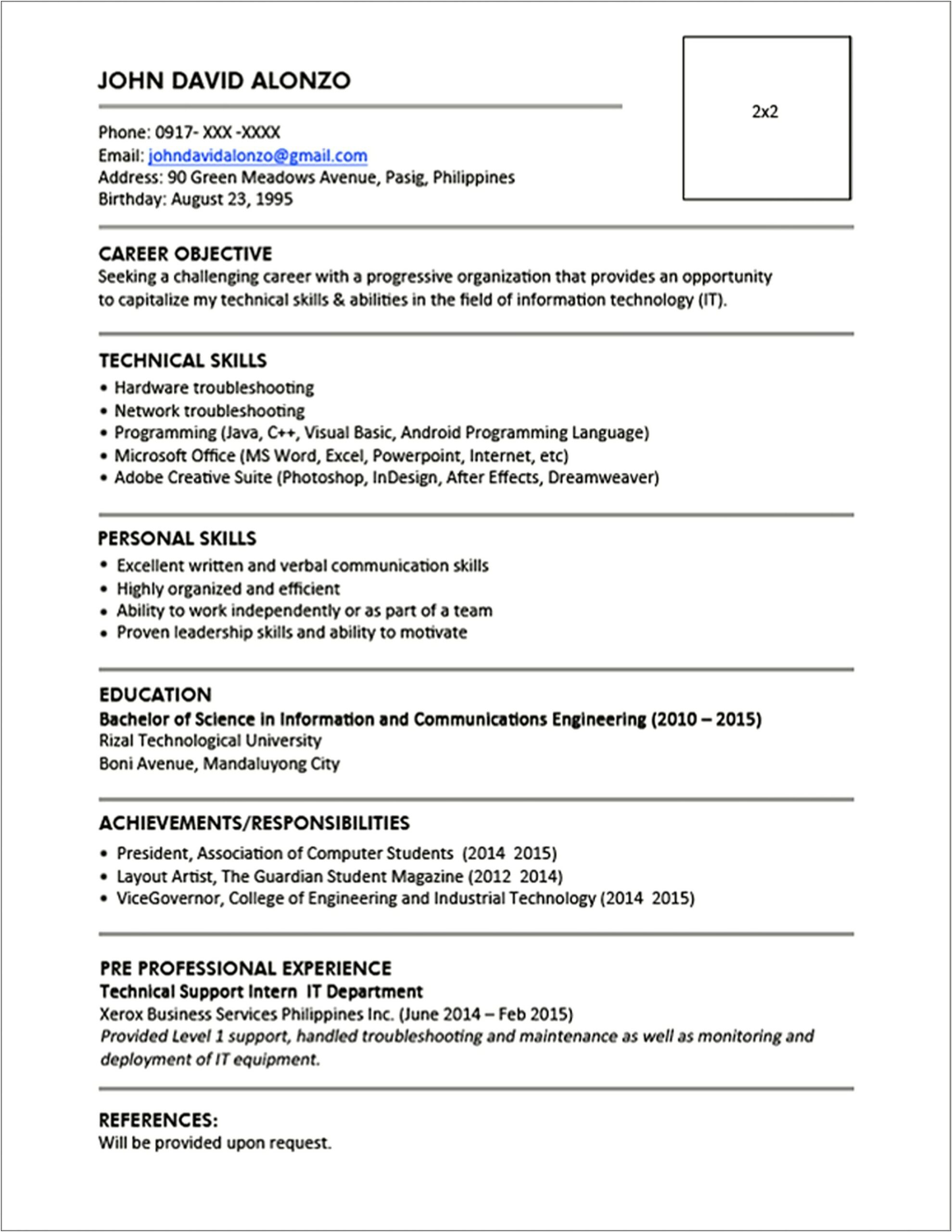 Sample Resume Format For Fresh Graduates Teacher