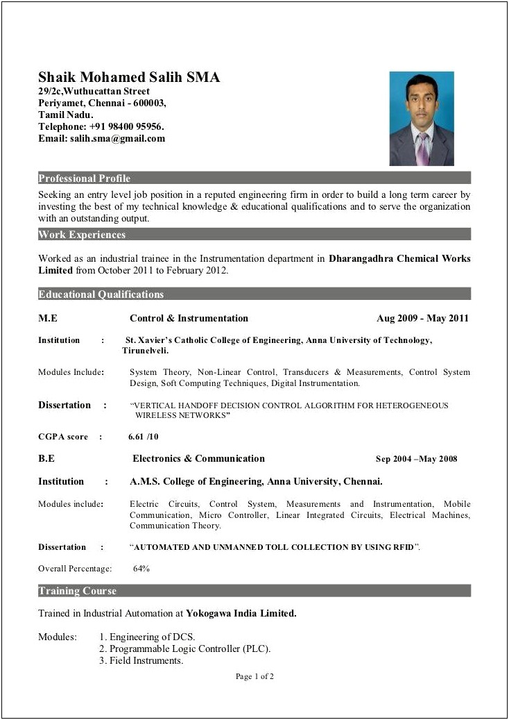 Sample Resume Format For Freshers Engineers