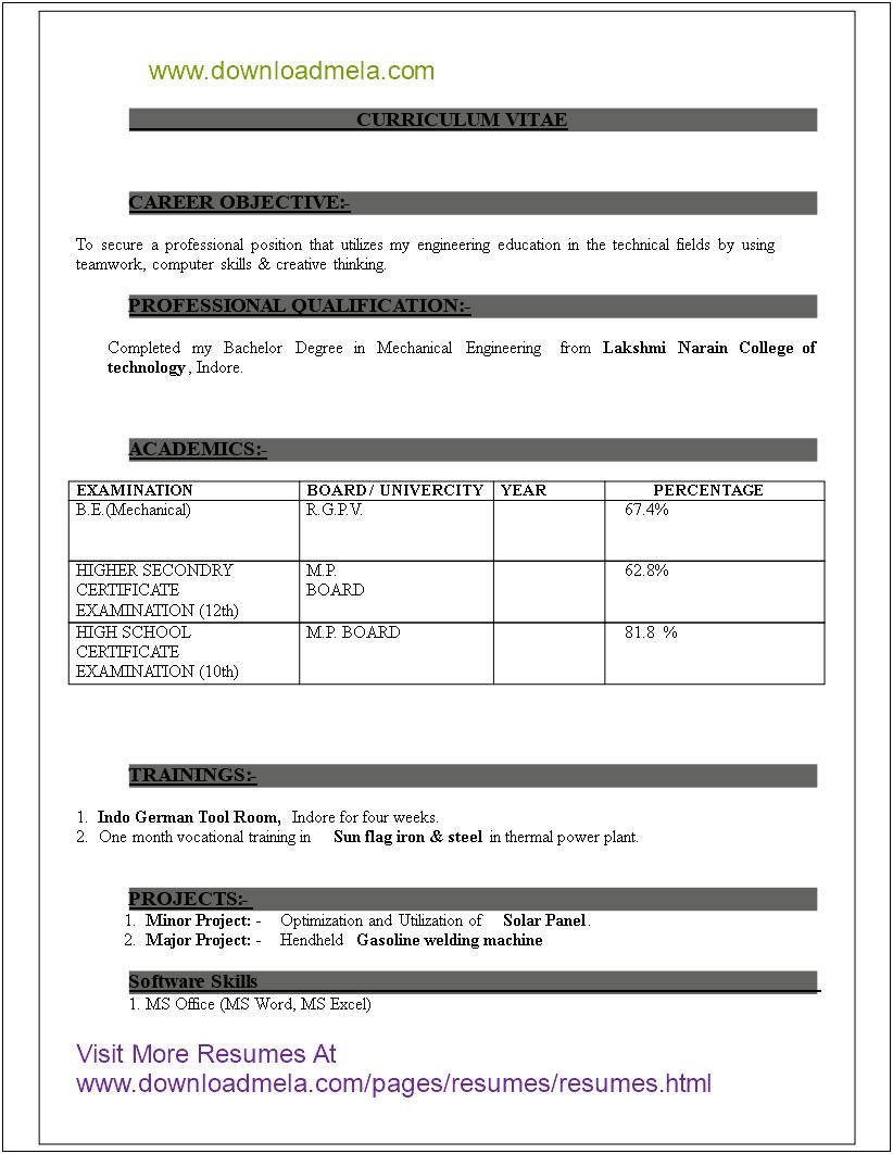 Sample Resume Format For Freshers Mechanical Engineers