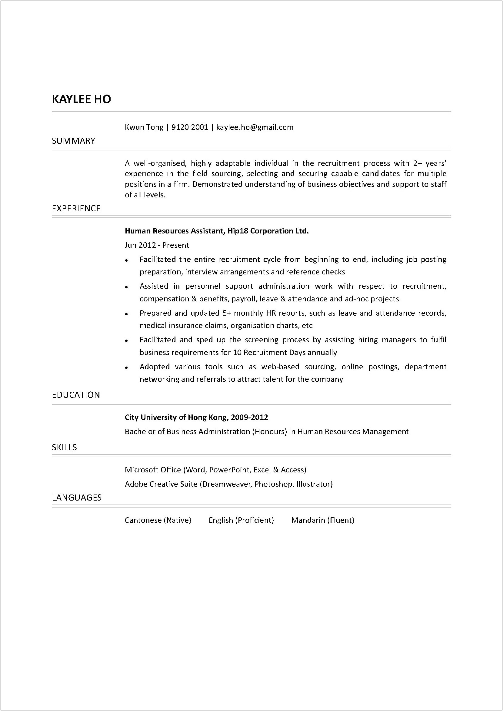 Sample Resume Format For Hr Assistant
