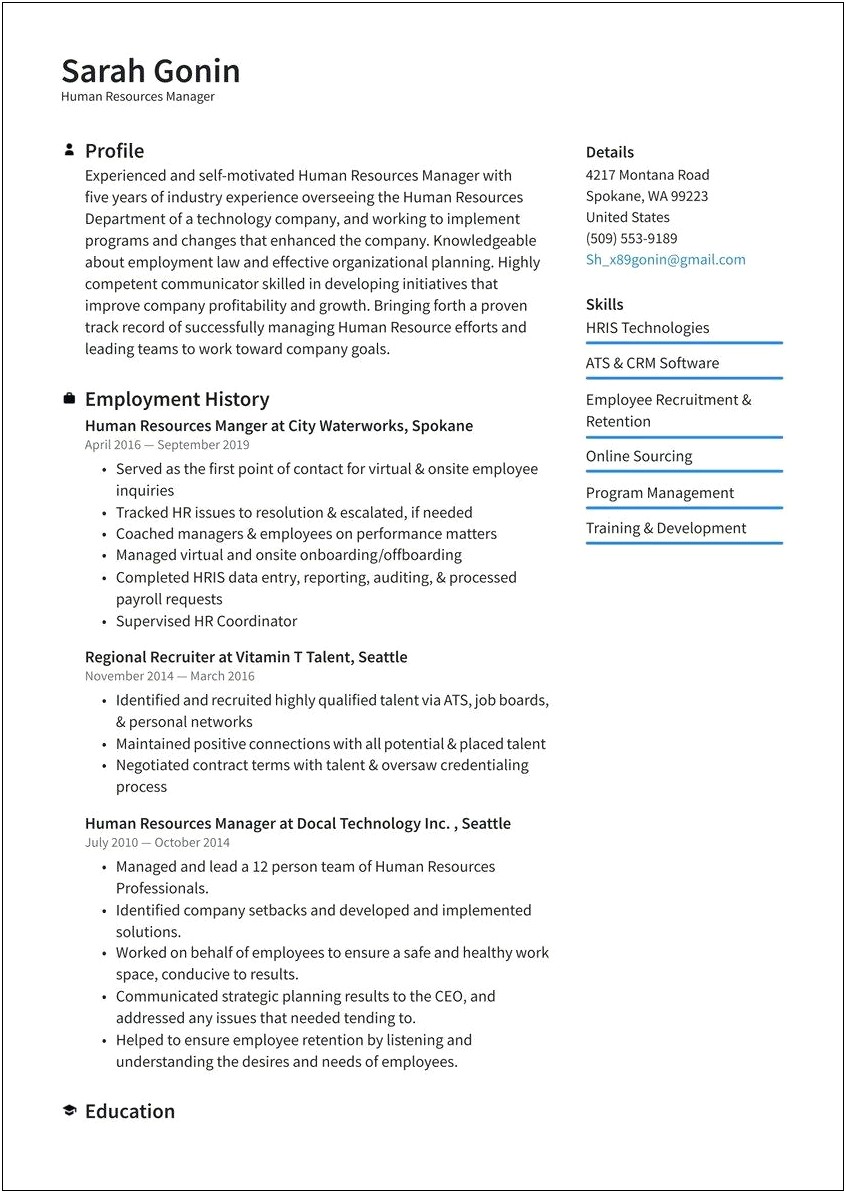 Sample Resume Format For Human Resources Manager