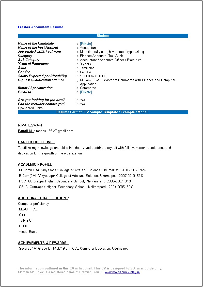 Sample Resume Format For M.com Freshers