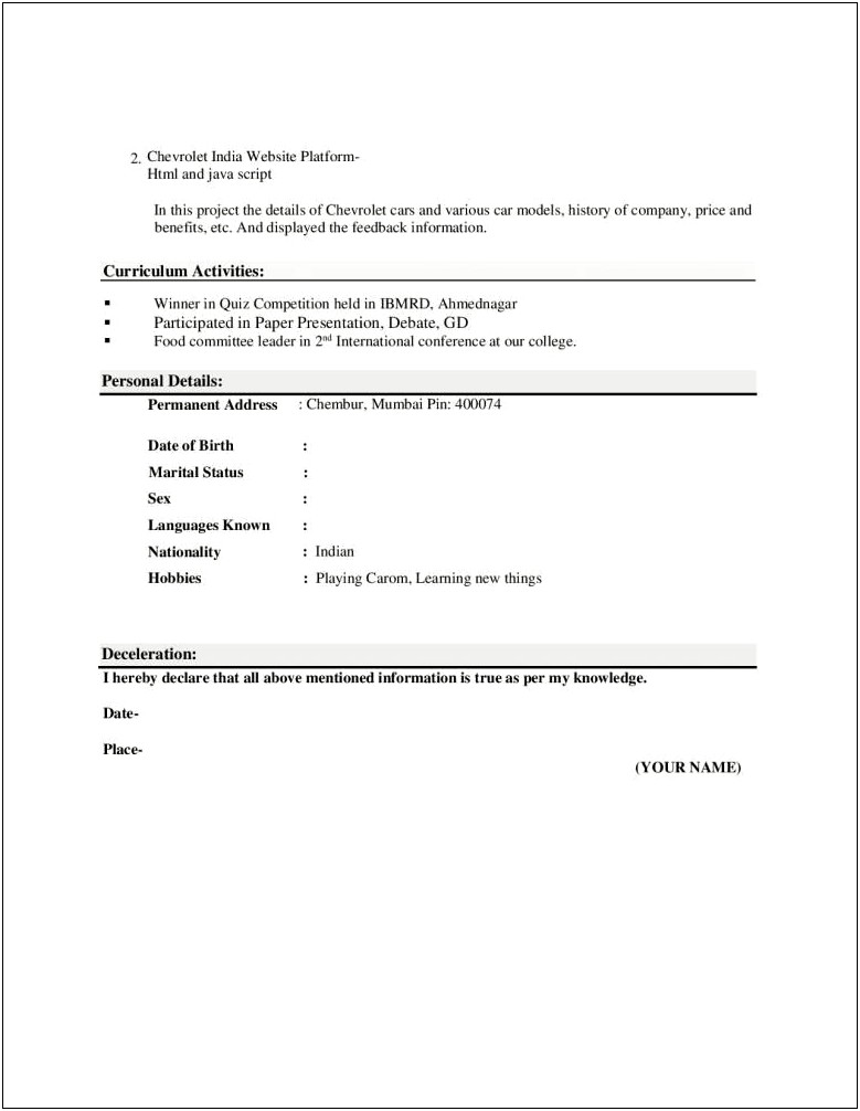 Sample Resume Format For Mca Fresher
