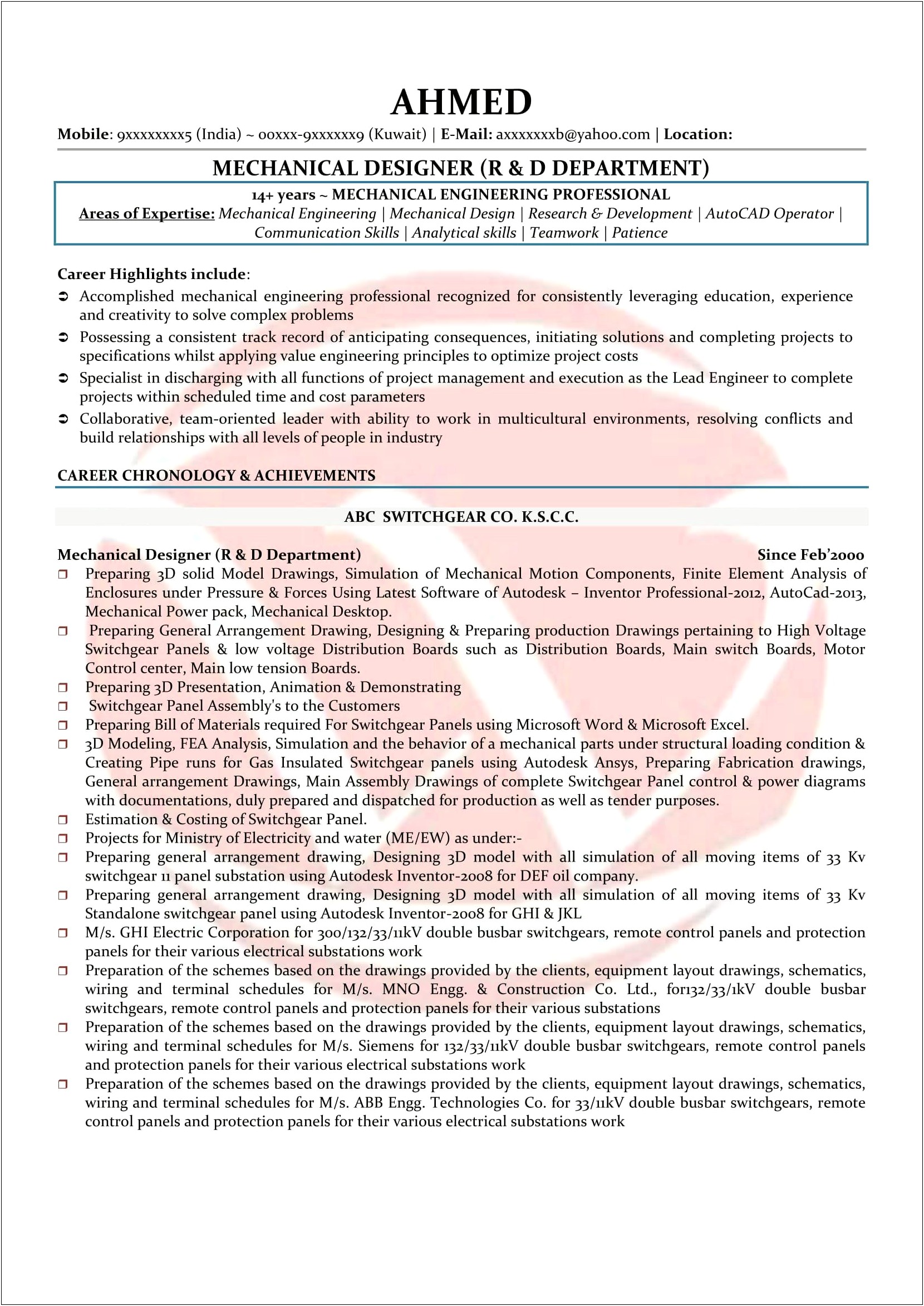 Sample Resume Format For Mechanical Engineer
